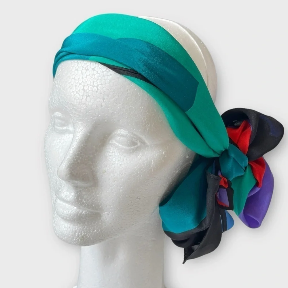VTG 80s Vera Neumann Silk Scarf Headscarf Neckerchief Colorblock Bright 15x50”